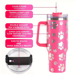 40oz Insulated Cat Paw Print Coffee Mug with Handle and Straw