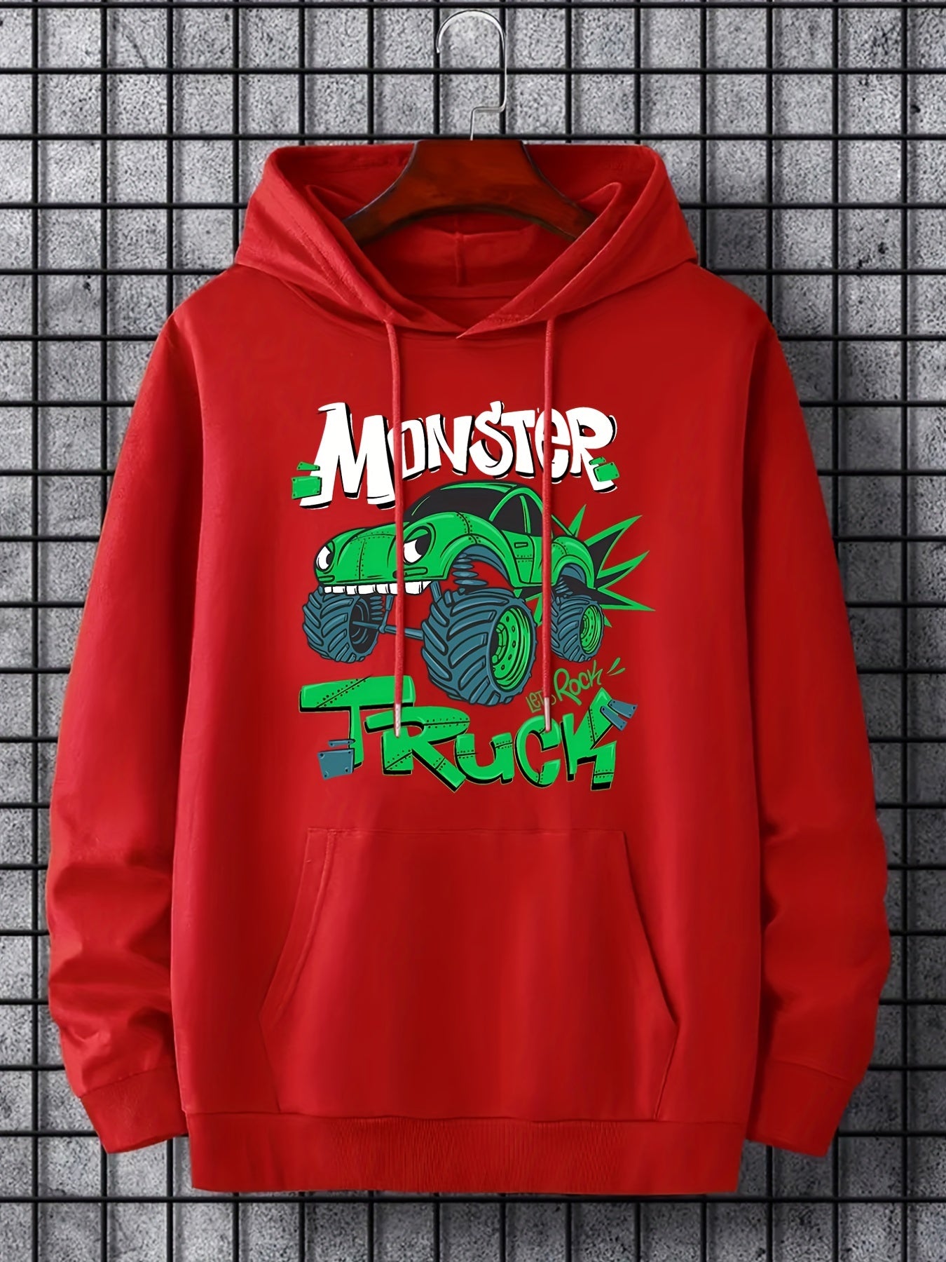 Men's Monster Truck Print Hoodie Casual Drawstring Hooded Sweatshirt
