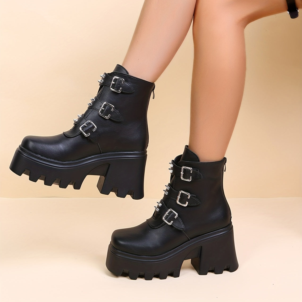 Stylish Rivets Combat Boots with Buckle Strap Chunky Heel Motorcycle Boots