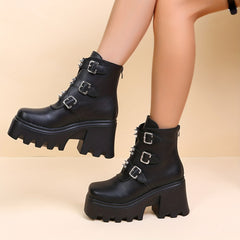 Stylish Rivets Combat Boots with Buckle Strap Chunky Heel Motorcycle Boots