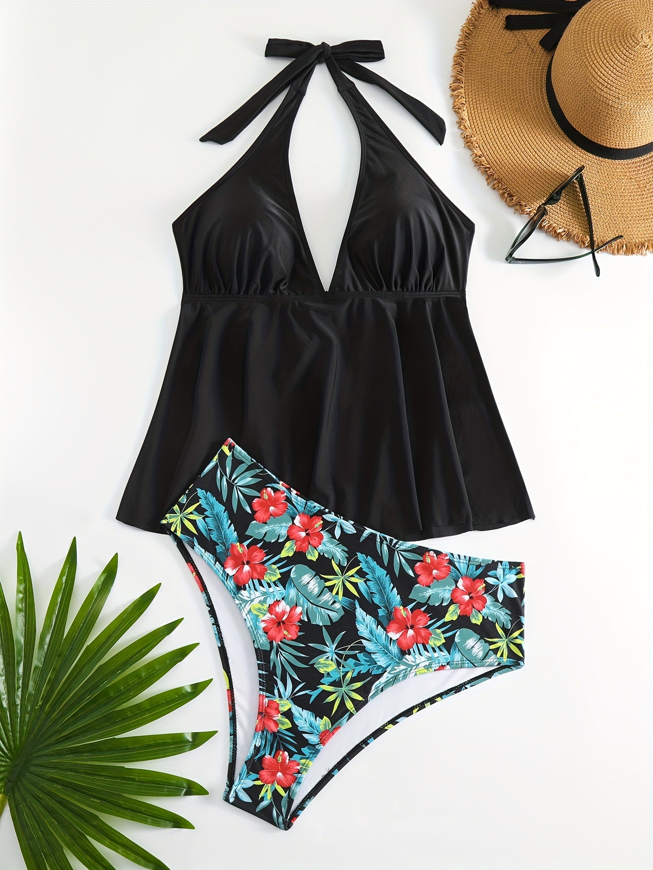 Tankini Set V Neck Backless Halter Top & Tropical Print Panty Swimsuit