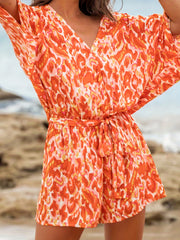 Allover Print V Neck Romper Jumpsuit Casual Half Sleeve Belted Romper