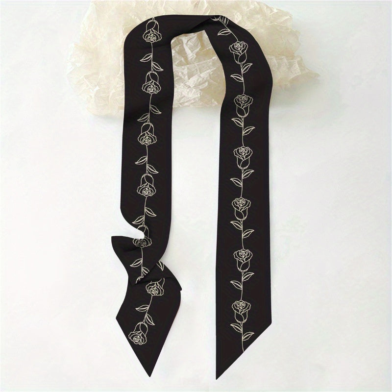 Rose Print Skinny Scarf Neckerchief Solid Neck Tie Long Hair Ribbon