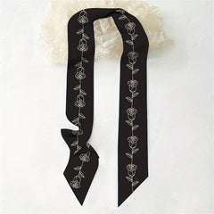 Rose Print Skinny Scarf Neckerchief Solid Neck Tie Long Hair Ribbon