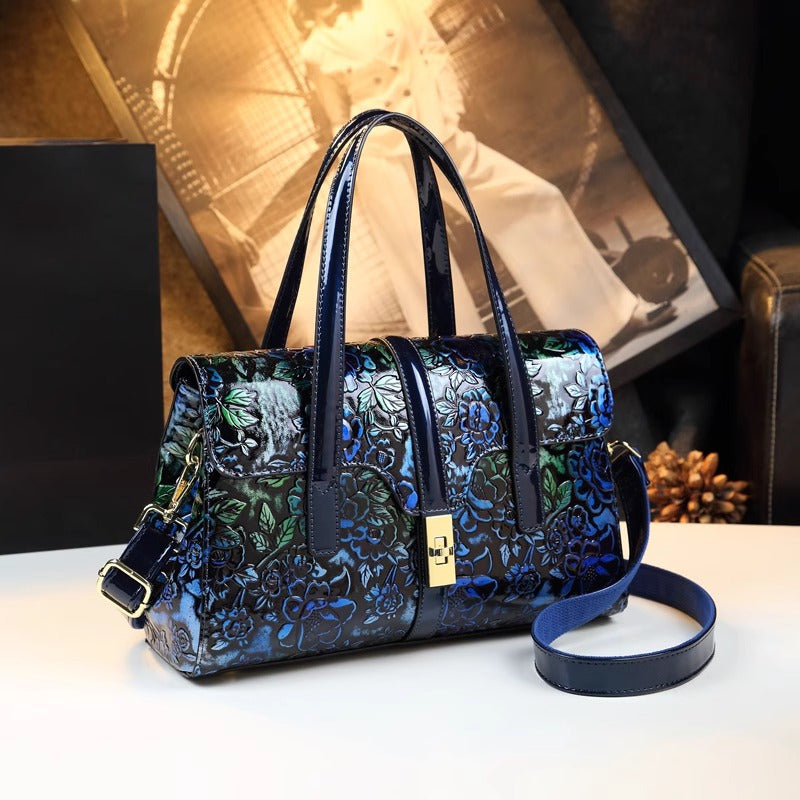 Hand Painted Floral Crossbody Bag with Golden Tone Hardware