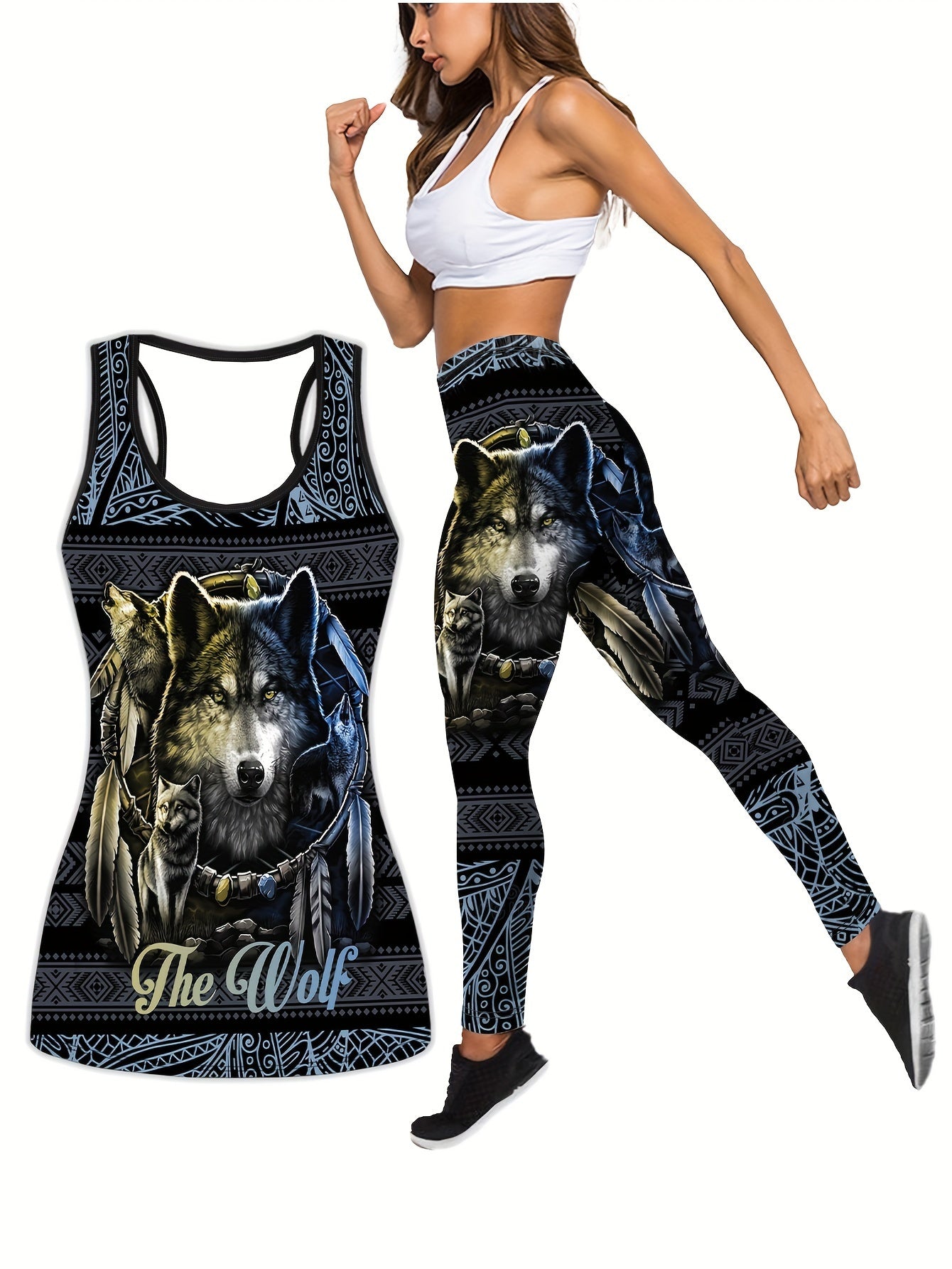Wolf Print Tank Top & Leggings Yoga Outfits Set