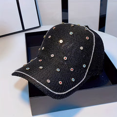 Rhinestone Decor Knitted Baseball Cap Sun Hat for Women