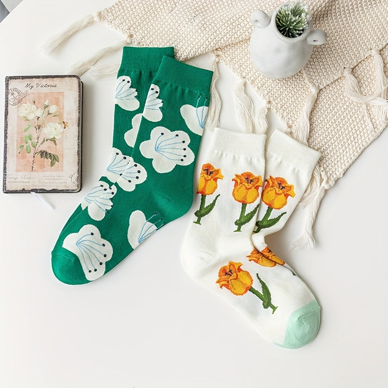 Floral Print Socks Women's Stockings, 2 Pairs