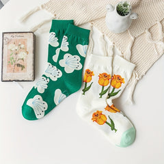 Floral Print Socks Women's Stockings, 2 Pairs