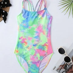 Girls' Tie Dye Hawaiian Swimsuit Iridescent Graphic Mid Stretch Suspenders