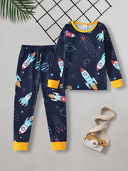 Boys 2pcs Lounge Wear Rocket Print Top & Trousers Pajamas Set