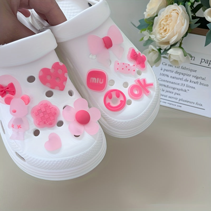 12pcs Pink Bear & Bow Sandal Shoe Charms - Luminous PVC Shoe Decorations