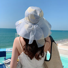 Striped Block Sun Hat Ribbon Bowknot Wide Brim Bucket Hat