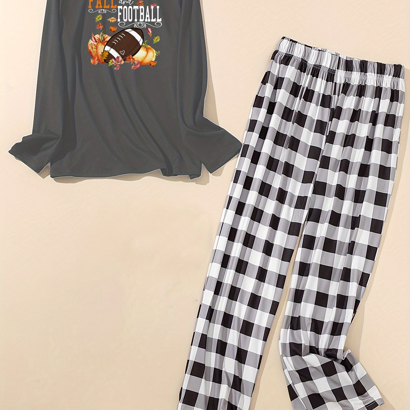Women's Lounge Set: Rugby & Pumpkin Print Tee + Plaid Pants Pajamas