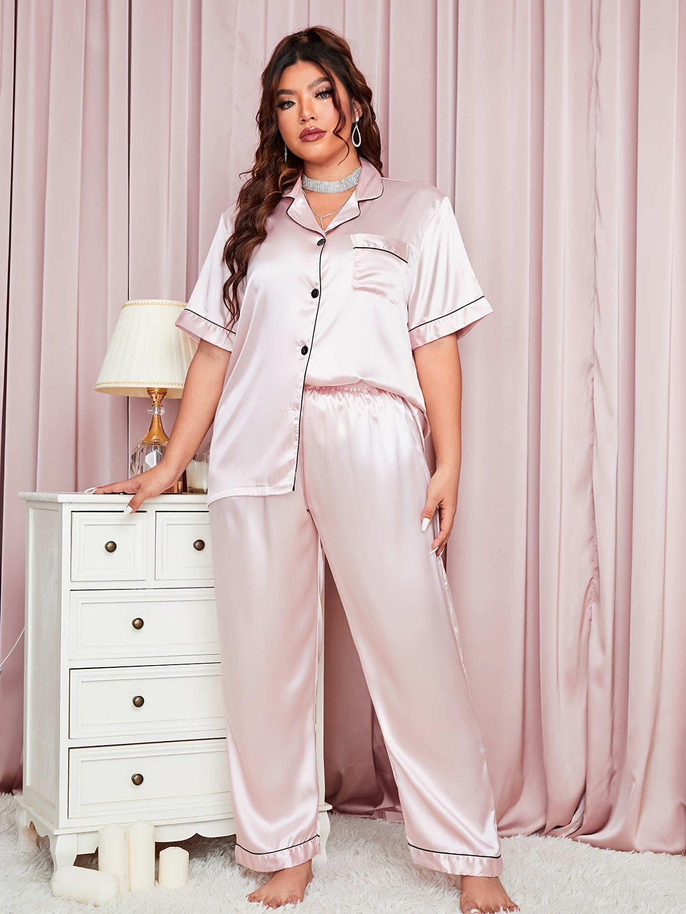 Button Up Top & Pants Pajamas Set Women's Plus 2pcs Loungewear Set