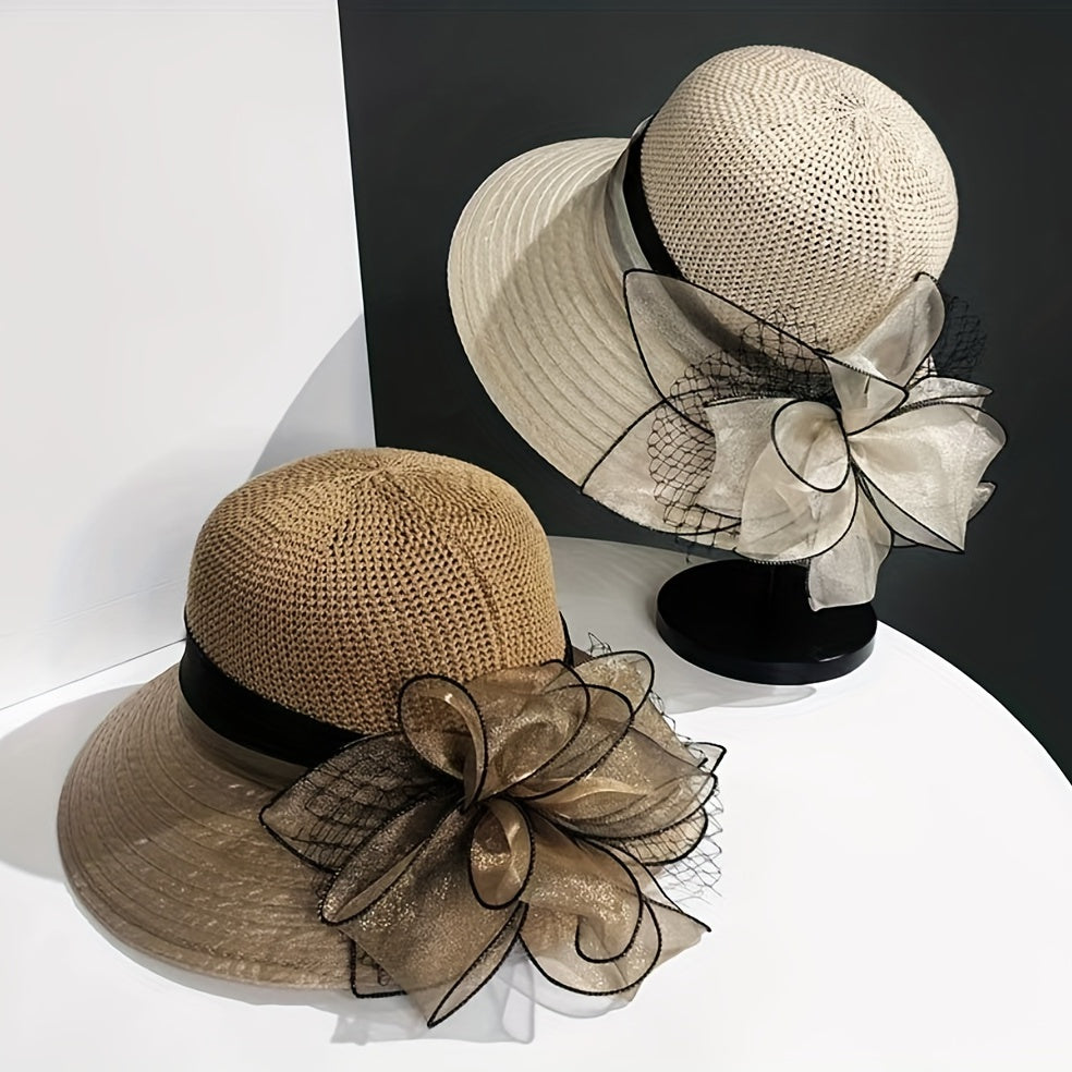 Wide Brim Knitted Bucket Hat Mesh Flower Decor Sunshade Fedora for Women