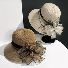 Wide Brim Knitted Bucket Hat Mesh Flower Decor Sunshade Fedora for Women