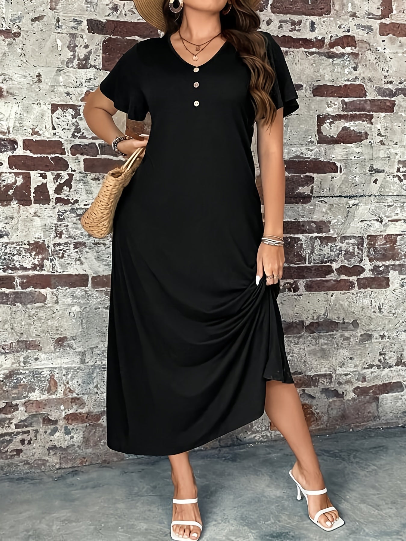 V-Neck Maxi Dress with Button Detail