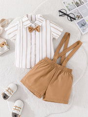 Toddler Boys Striped Bow Tie Shirt Overalls 2pcs Set