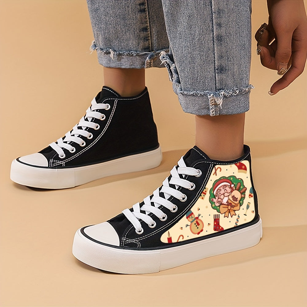Santa Print Chunky Canvas Sneakers High Top Skate Shoes