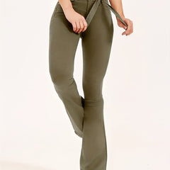 Olive Green Bootcut Jeans High Stretch Mid Waist Solid Bell Bottoms