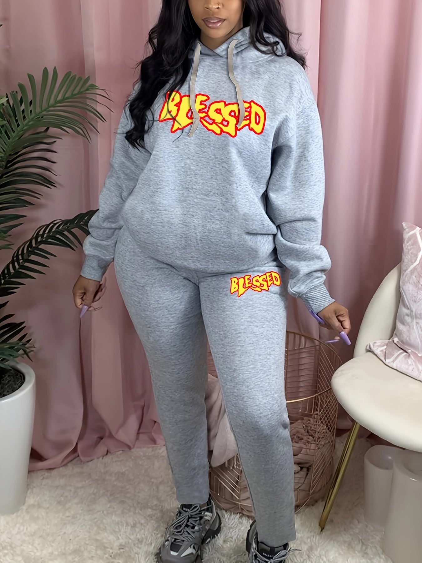 Women's Plus Flame Letter Print Hoodie & Sweatpants Set