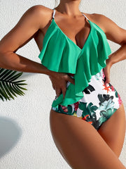 Tropical Print Ruffle One Piece Swimsuit Green V-Neck Cross Back