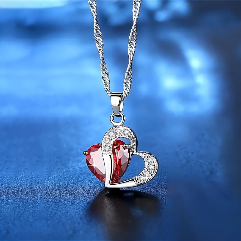 Red Heart Pendant Necklace with Red Rose Romantic Jewelry for Women