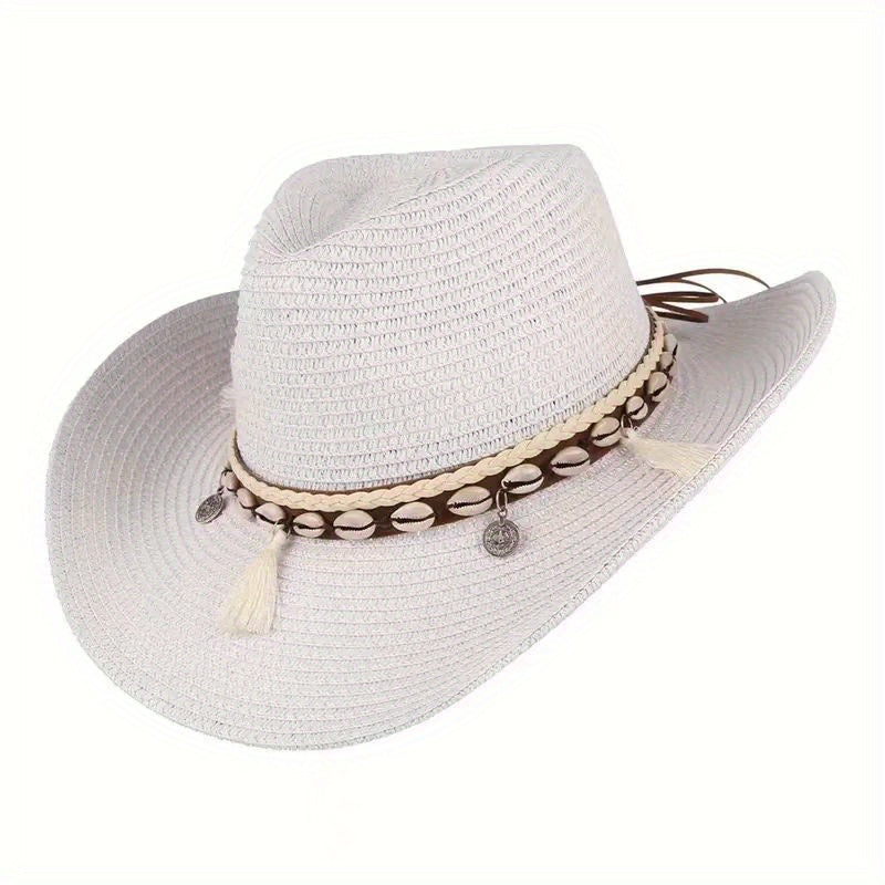 Breathable Sunshade Cowboy Hat with Seashells & Tassel Belts