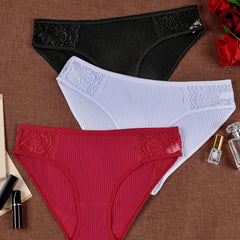 3 Pack Plus Size Panties Set Ribbed Floral Lace Briefs