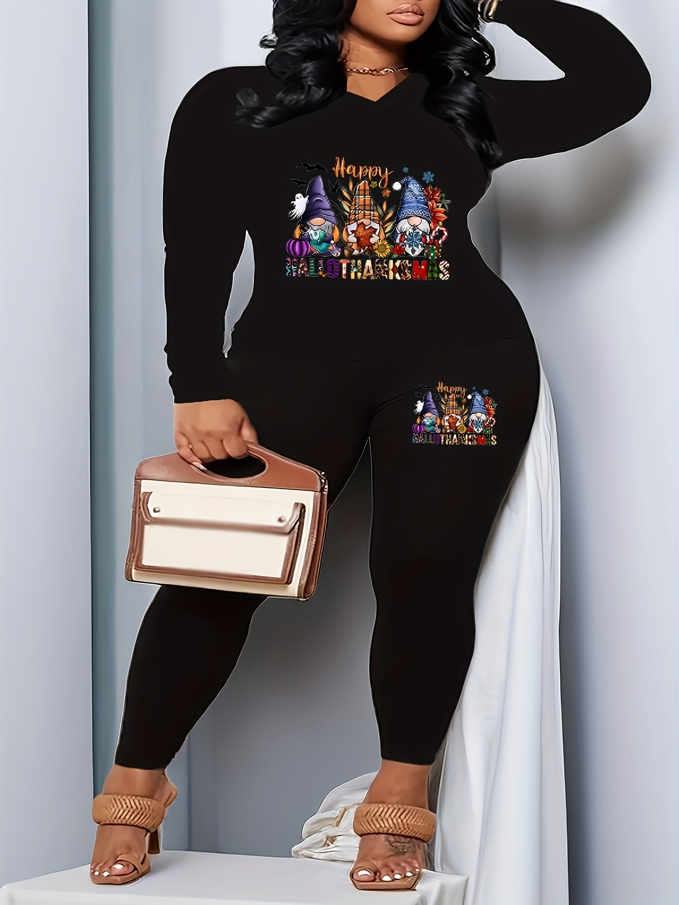 Women's Plus Gnomes & Letter Graphic V Neck Top & Leggings Outfits 2 Piece Set
