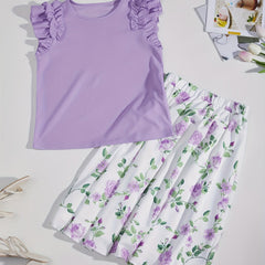 Girl's Ruffle Sleeve Shirt & Floral Skirt Set
