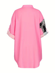 Casual Blouse Women's Plus Chain & Leopard Print Button Up