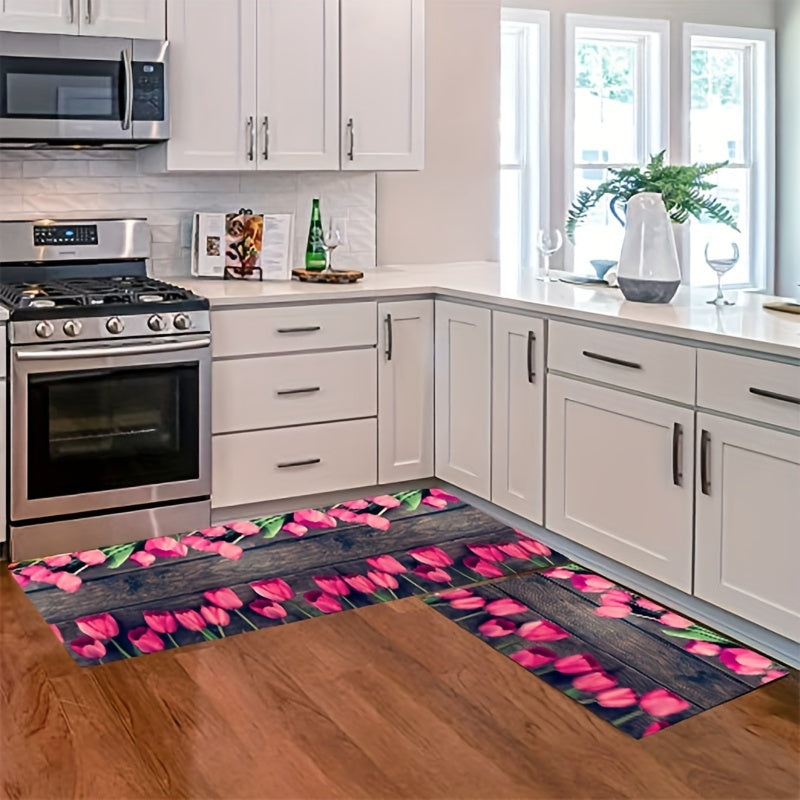 Vintage Rose Kitchen Rugs 2pcs Absorbent Non Slip Comfort Mats