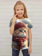 Chubby Cat Snow Graphic T-shirt for Girl