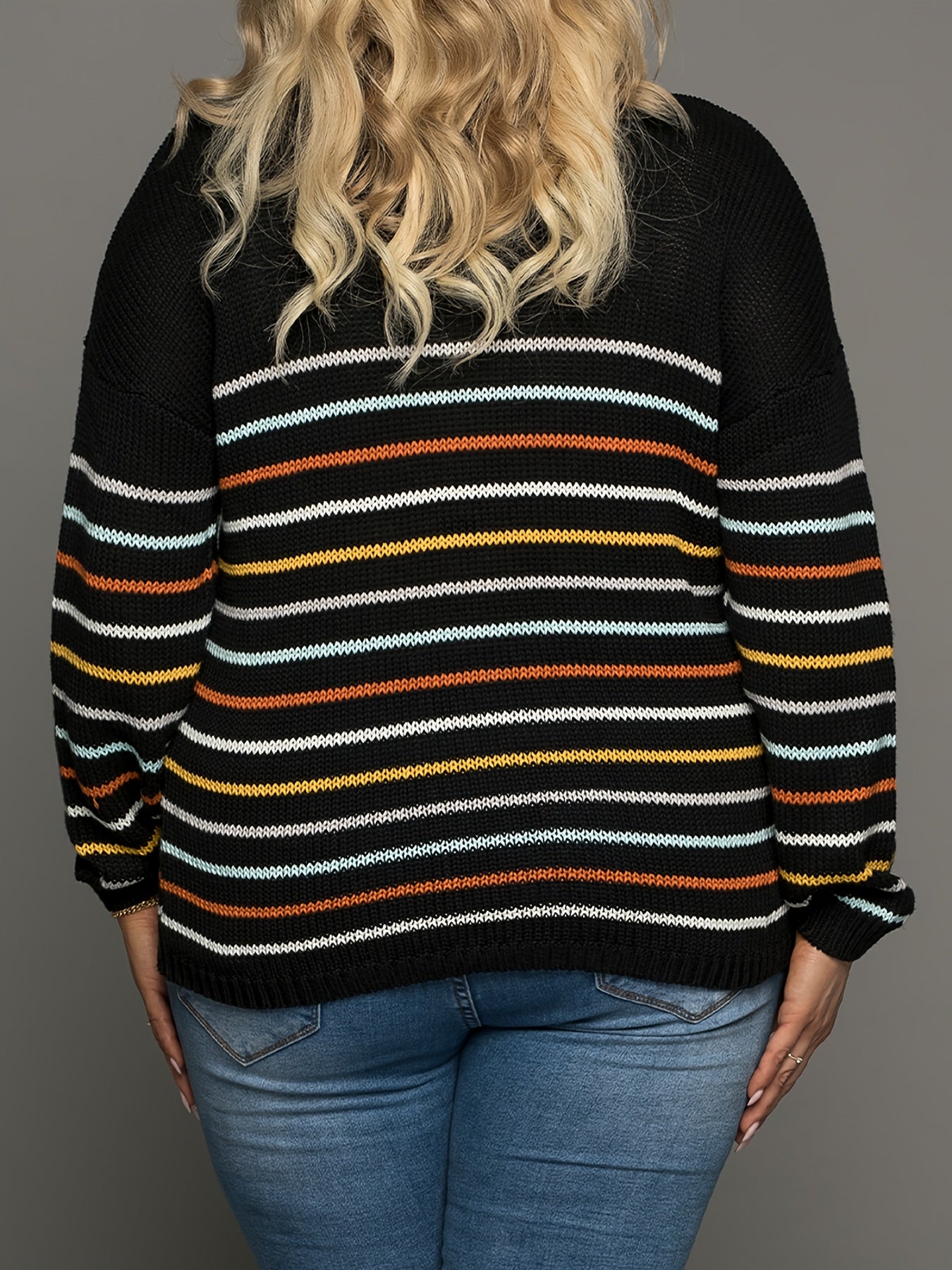 Colorful Stripe Print Long Sleeve Round Neck Pullover Sweater