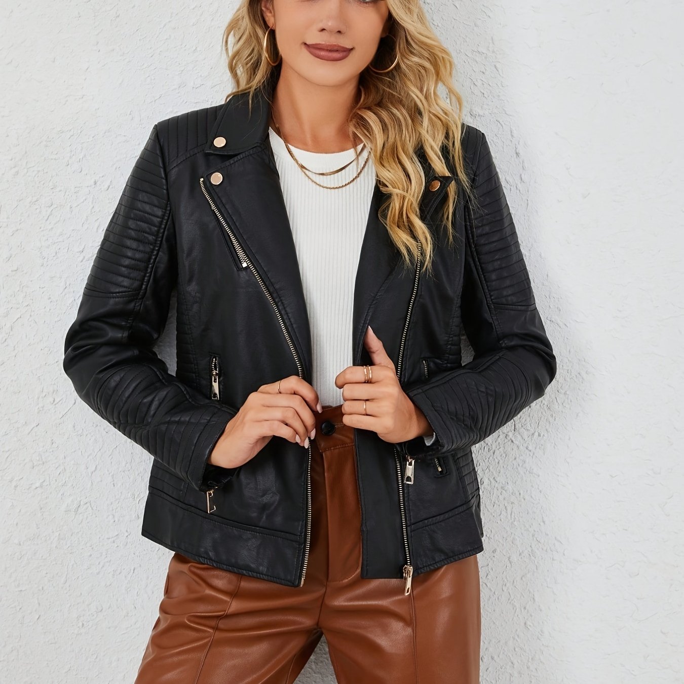 PU Leather Print Biker Jacket Zipper Street Wear