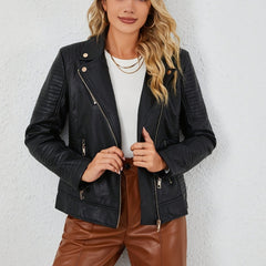PU Leather Print Biker Jacket Zipper Street Wear