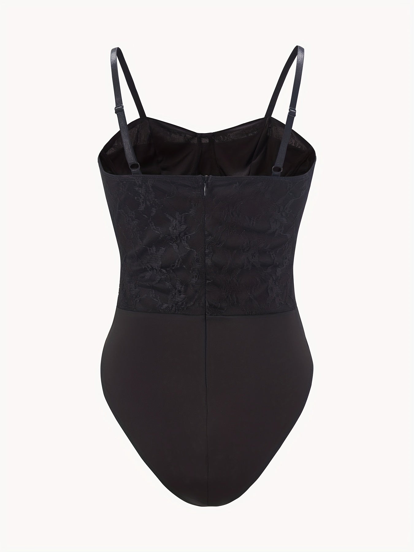 Solid Lace Cami Bodysuit Sexy V-neck Zip Back One Piece Bodysuit