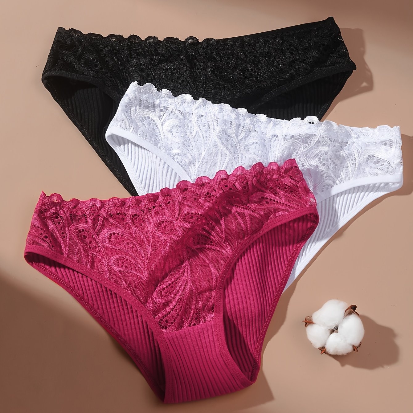 3pcs Lace Ribbed Briefs Stretchy Intimates Panties Women's Lingerie