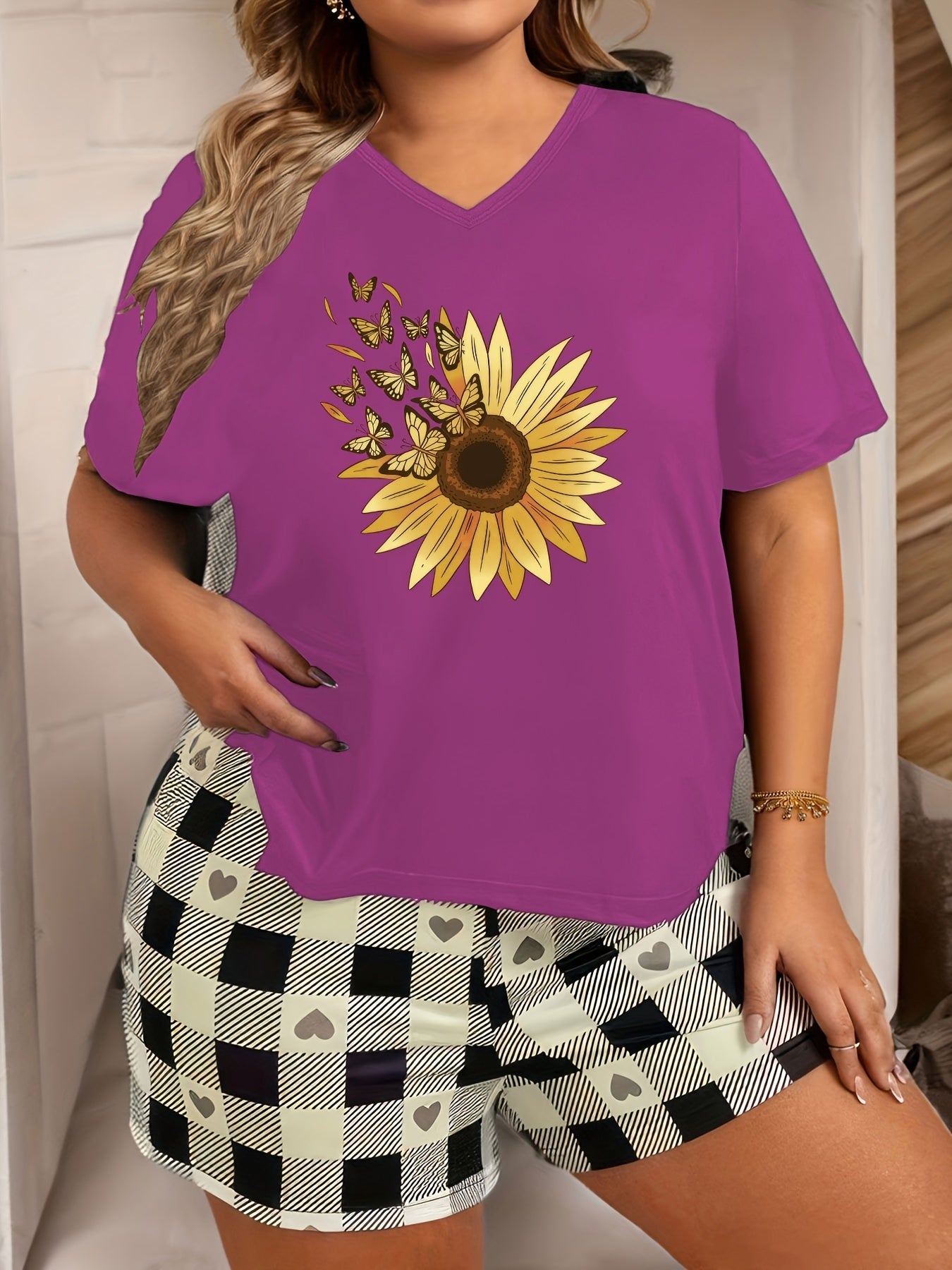 Butterfly Sunflower Print V Neck Pajama Top