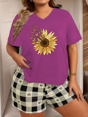 Butterfly Sunflower Print V Neck Pajama Top