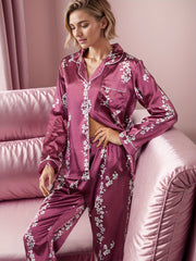 Floral Print Pajama Set Long Sleeve Top & Pants Women's Sleepwear