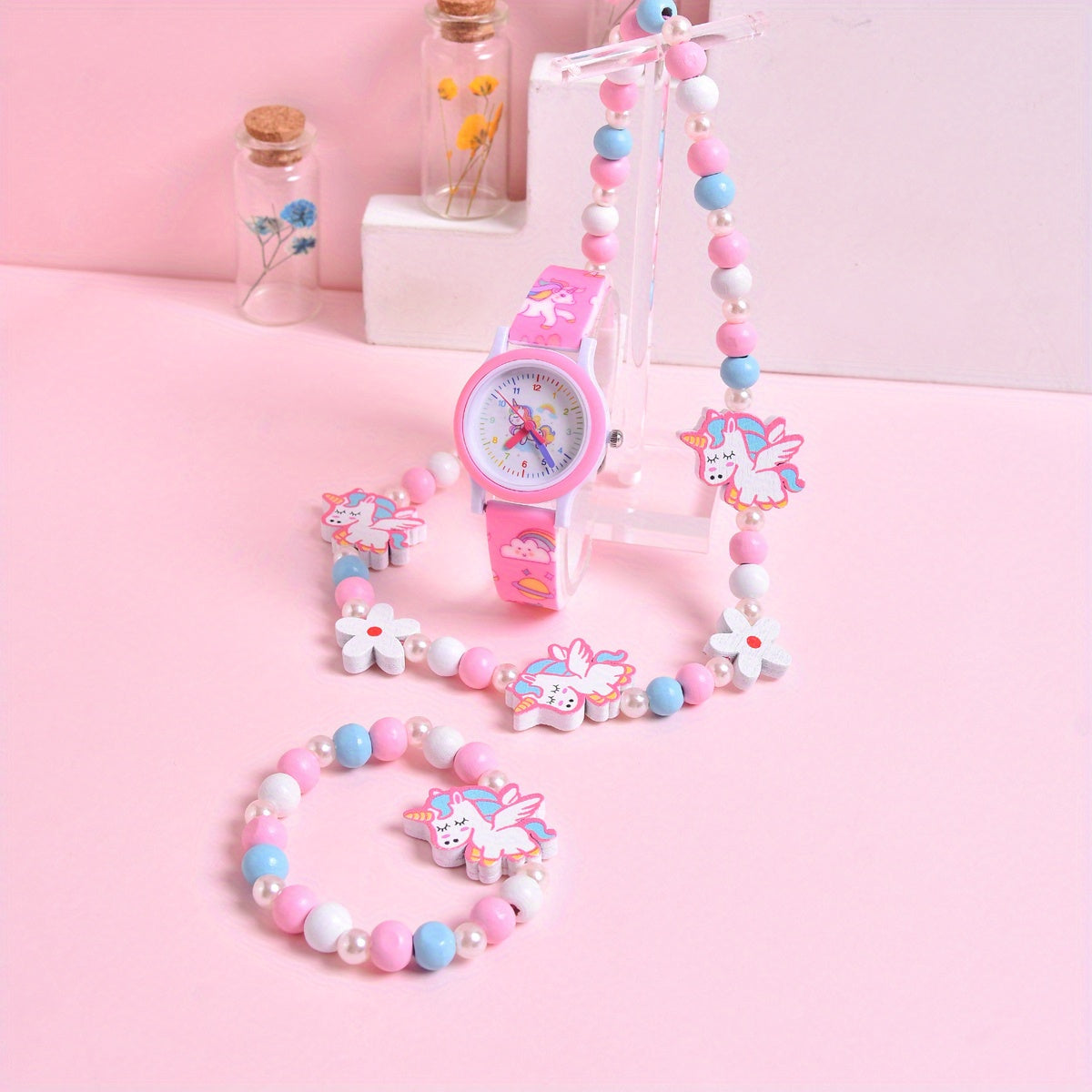 3D Cartoon Pony Kids' Watch Set with Bracelet & Necklace