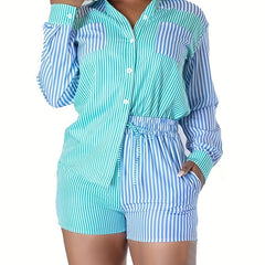 Stripe Print Shirt & Drawstring Shorts Set