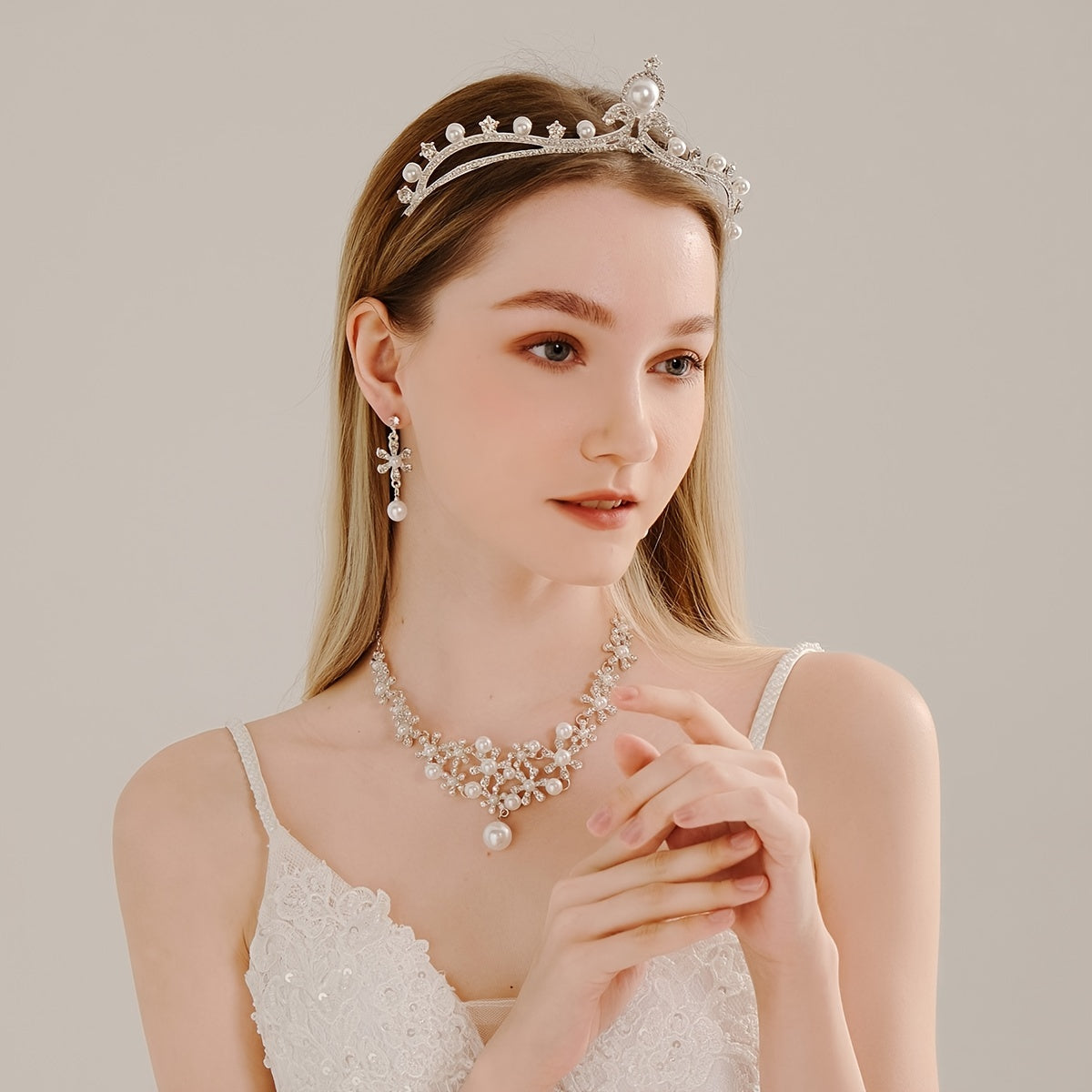 Bridal Rhinestone Jewelry Set: Crown, Hairpiece, Vine Neck