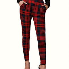 Plaid Pattern Skinny Leggings High Waist Stretchy Leggings