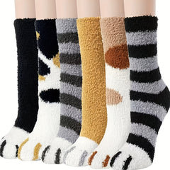 6 Pairs Cat Claw Cotton Socks Winter Home Floor Crew Socks