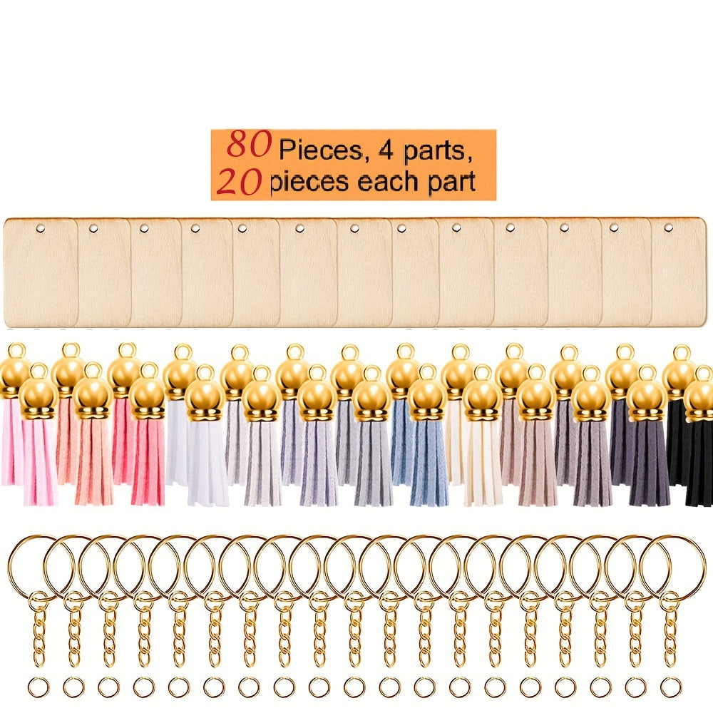 80PCS Rectangle Wood Blanks Keychain Set DIY Christmas Decor