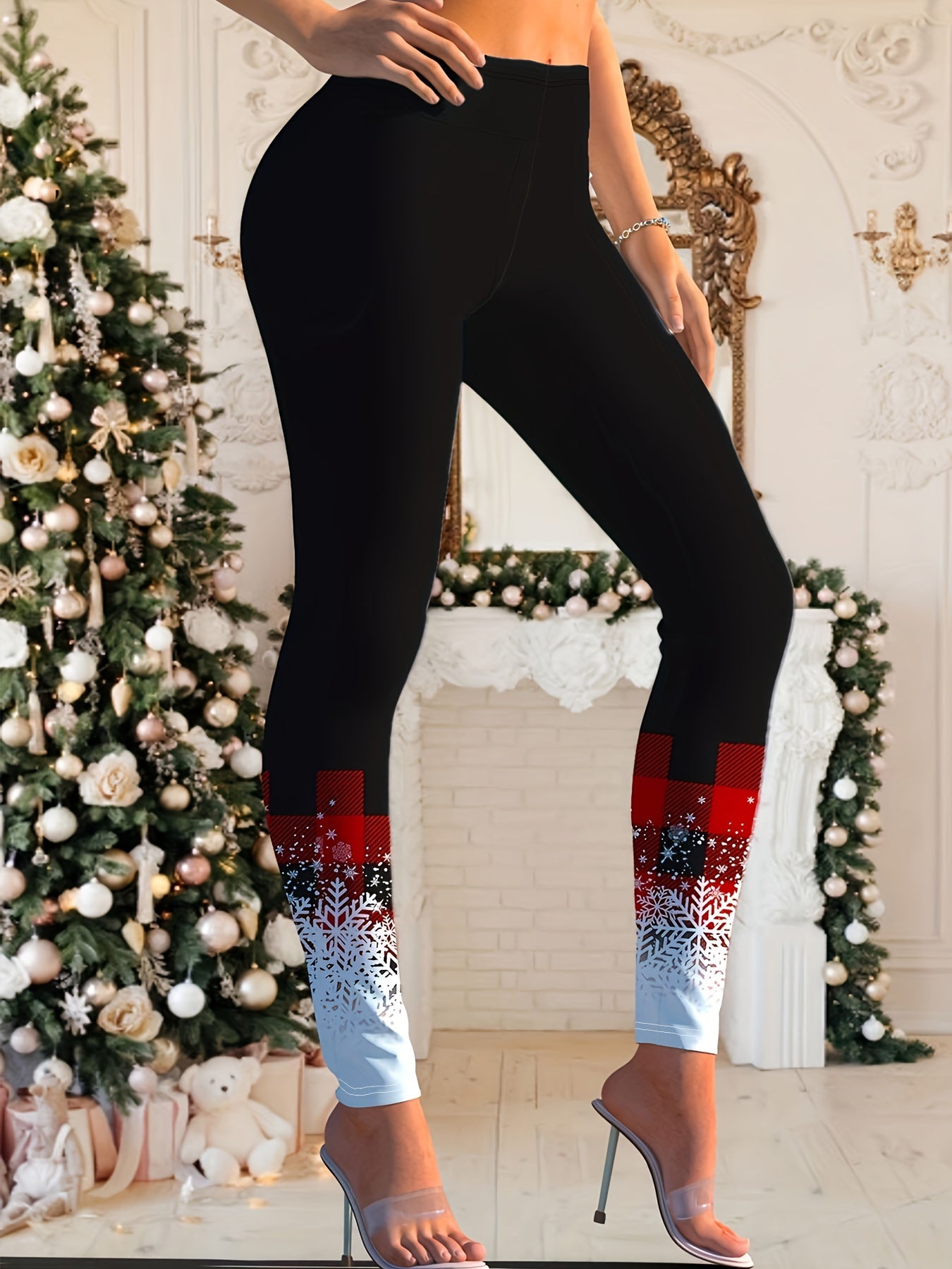 Plaid Snowflake Print Mid Waist Leggings